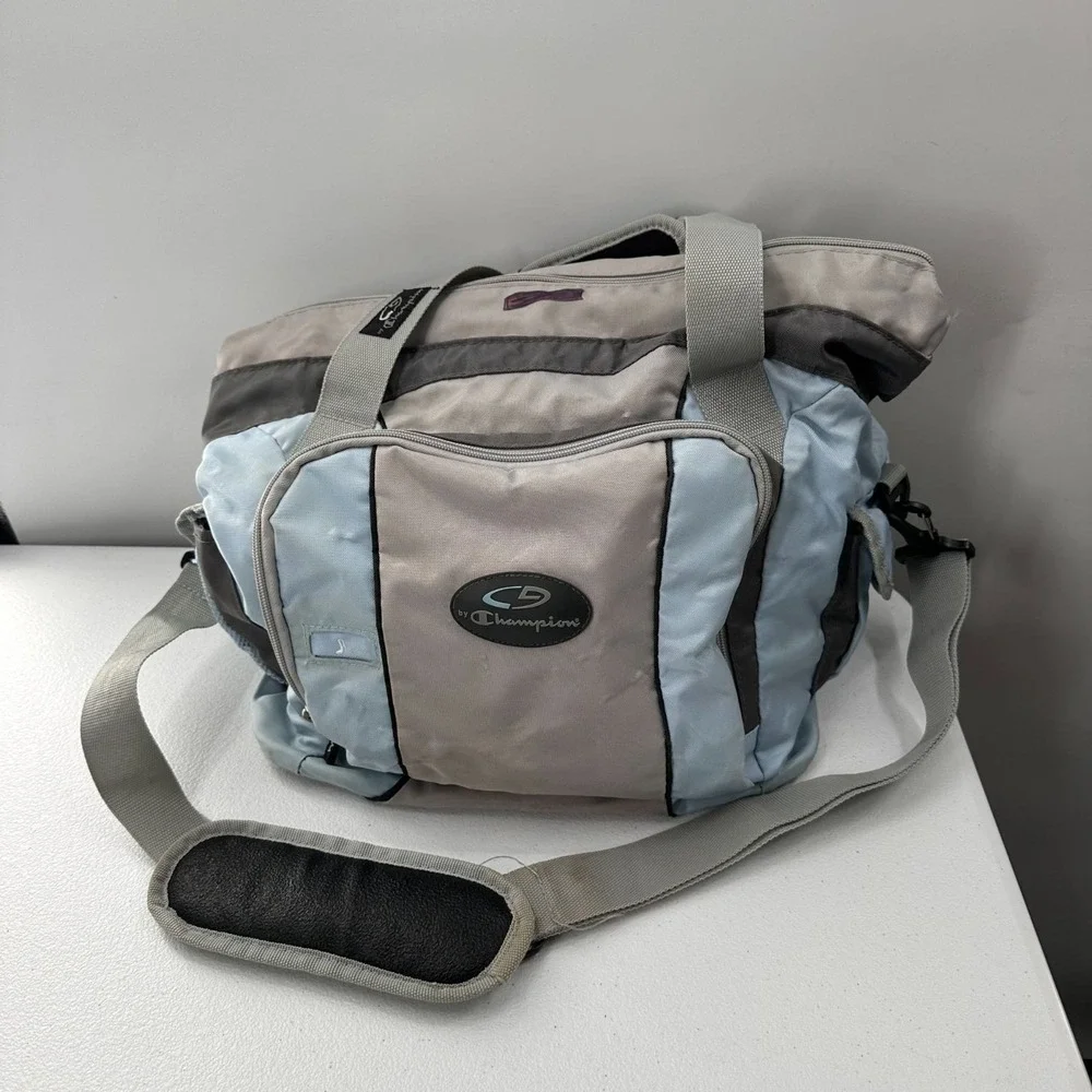 C9 By Champion Gray & Light Blue Gym Tote Bag With Adjustable Strap Duffle Cargo